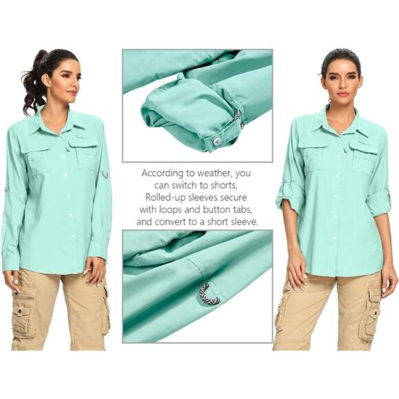 Women's UPF 50+ UV Sun Protection Safari Shirt, Long Sleeve Outdoor Cool Quick - Picture 10 of 16